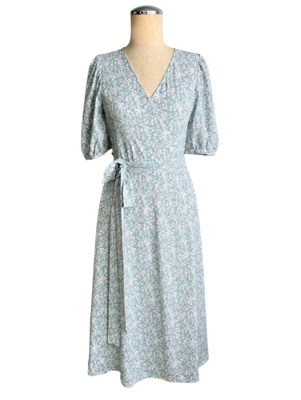 Axara Paris Floral Wrap Dress S Blue Puff Sleeve Cottagecore Midi Dress Vintage - Picture 2 of 8
